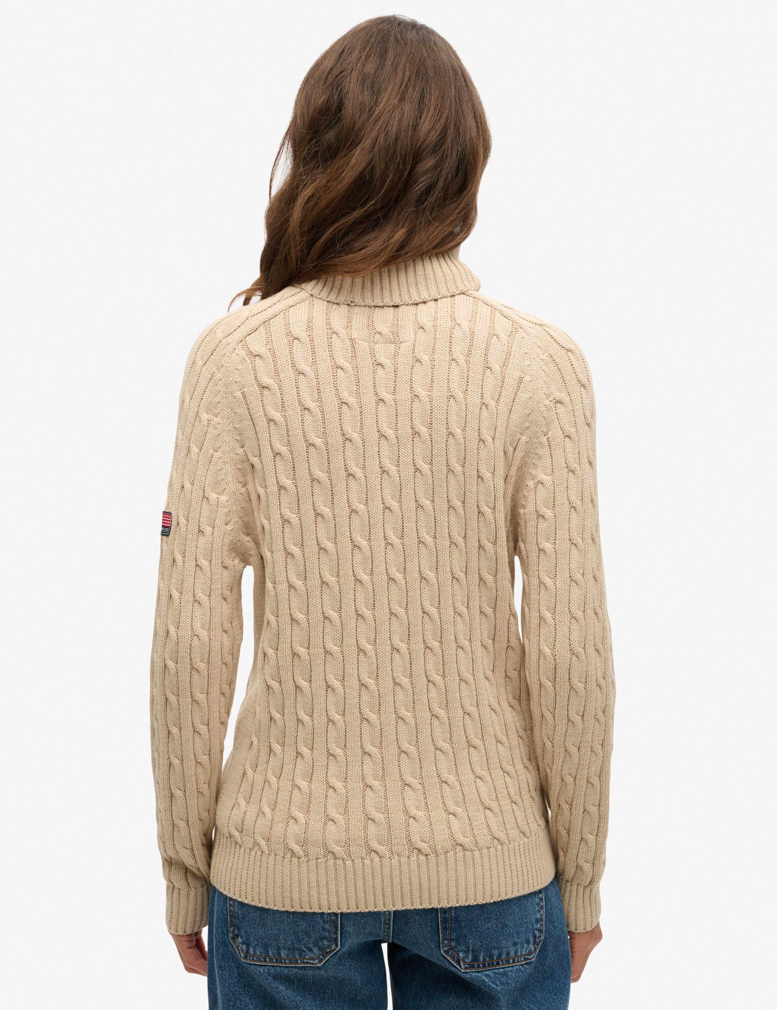 M&S Pure Cotton Cable Knit Roll Neck Jumper - Beige