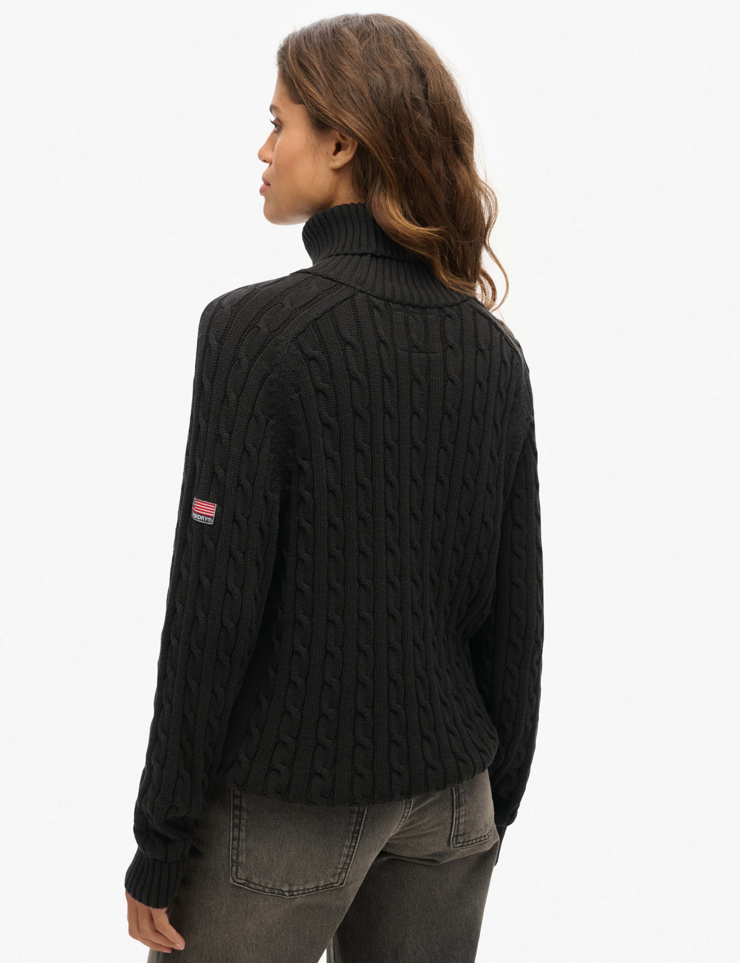 M&S Pure Cotton Cable Knit Roll Neck Jumper - Black