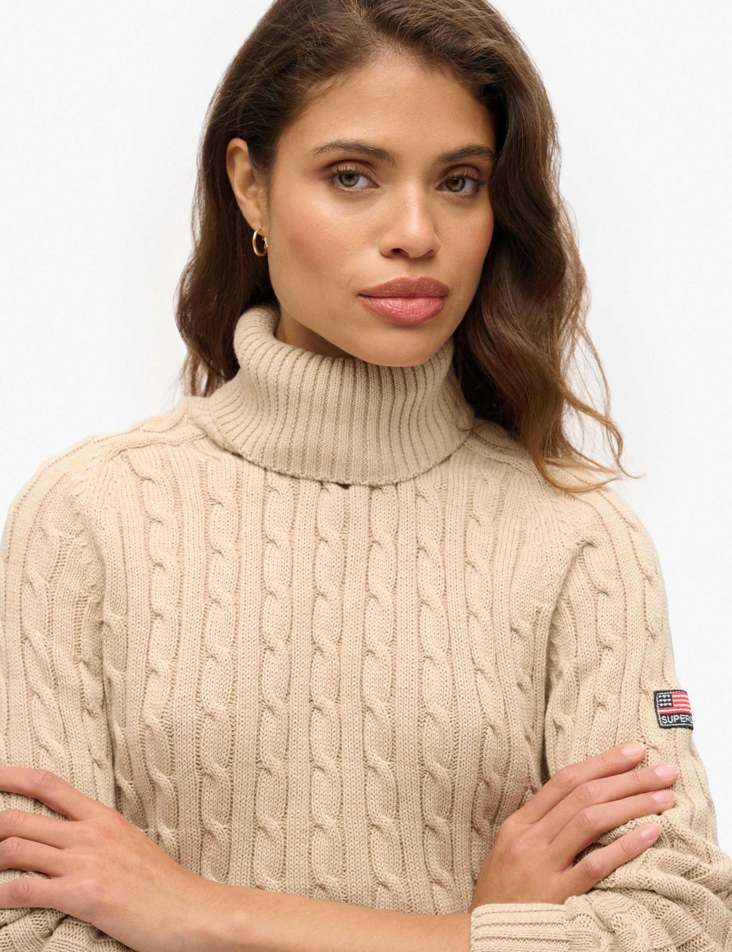 M&S Pure Cotton Cable Knit Roll Neck Jumper - Beige