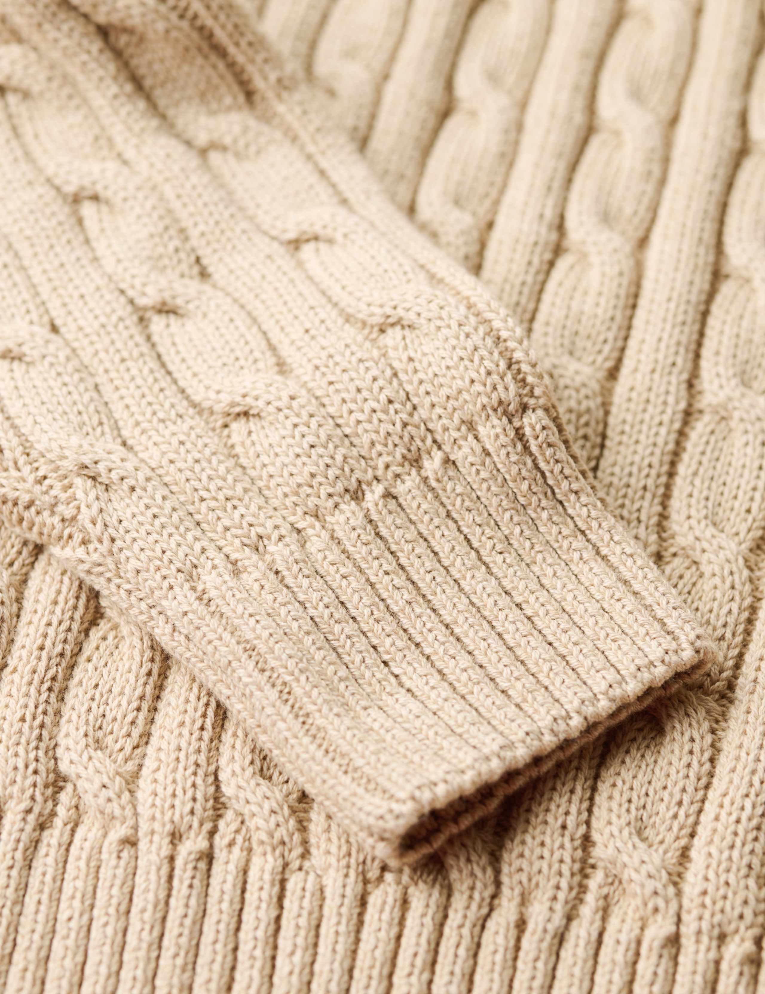M&S Pure Cotton Cable Knit Roll Neck Jumper - Beige