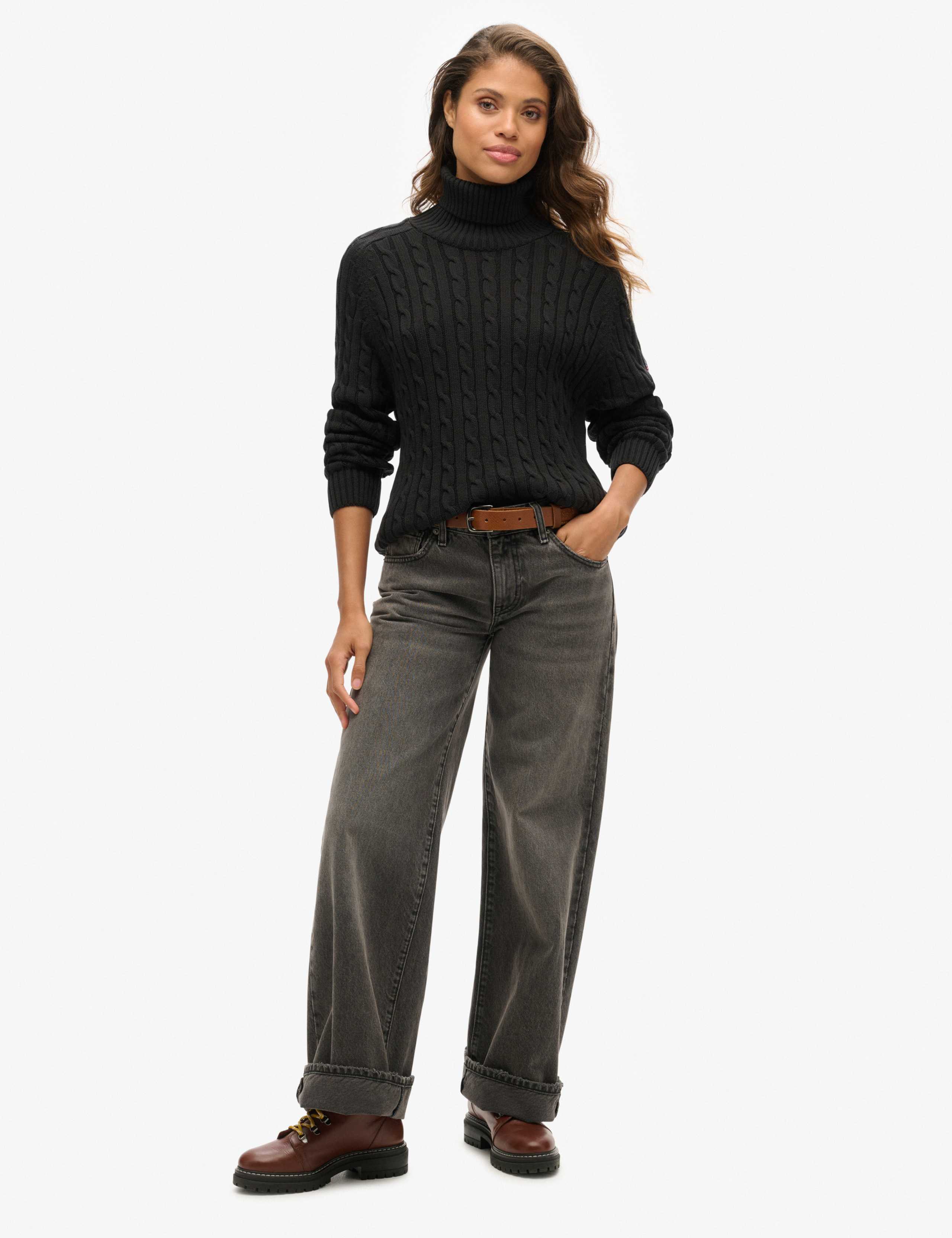 M&S Pure Cotton Cable Knit Roll Neck Jumper - Black