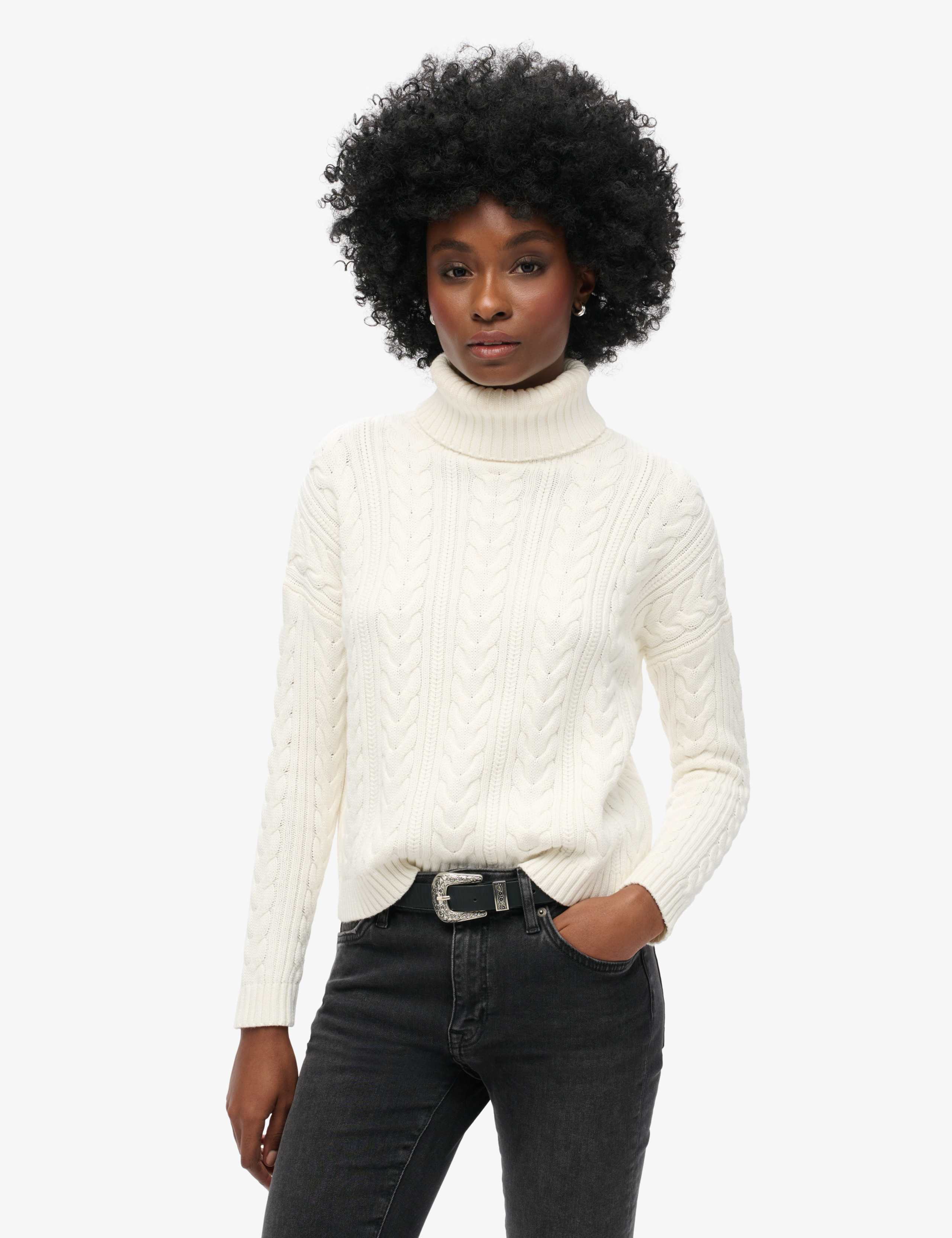 M&S Pure Cotton Cable Knit Roll Neck Jumper - White