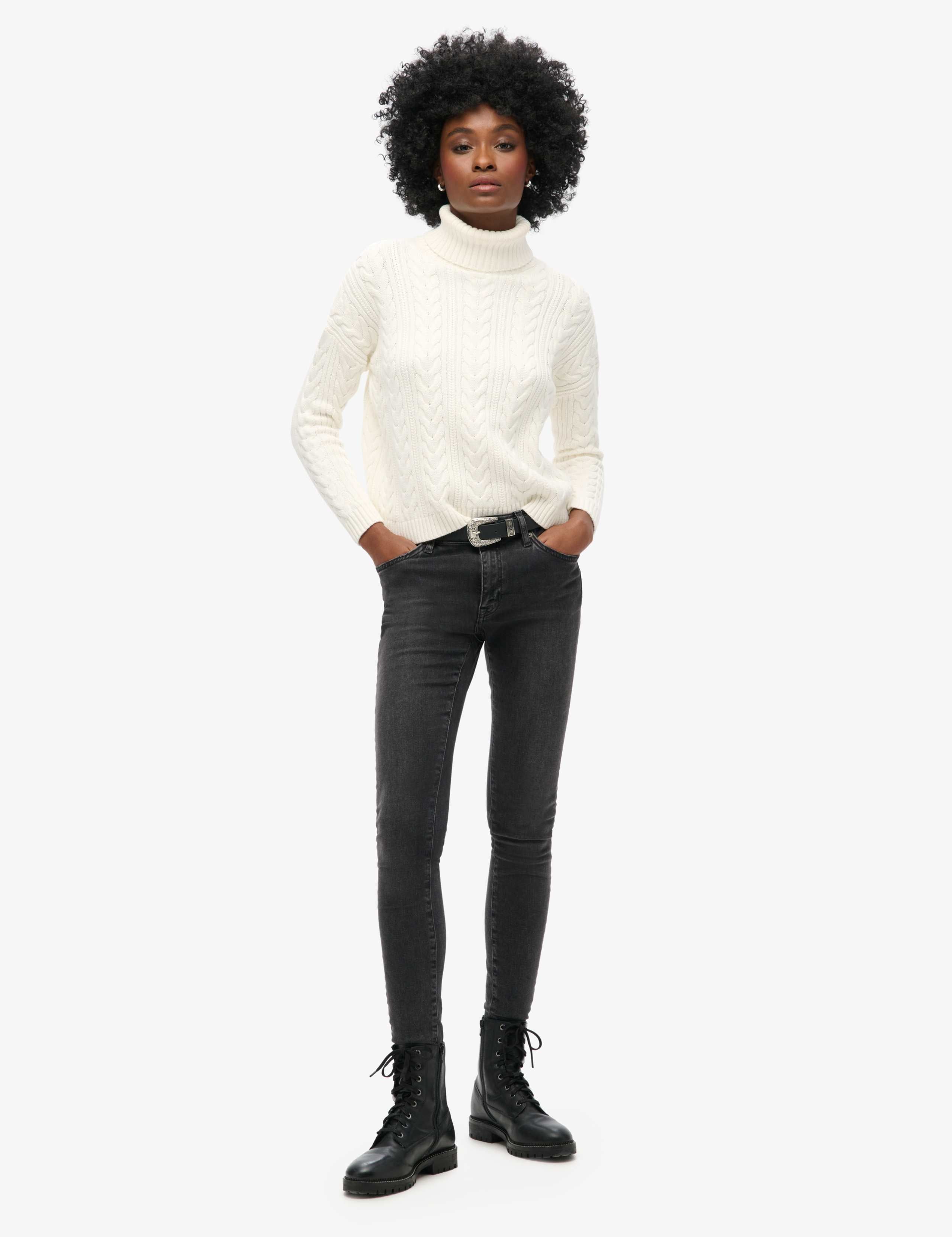 M&S Pure Cotton Cable Knit Roll Neck Jumper - White