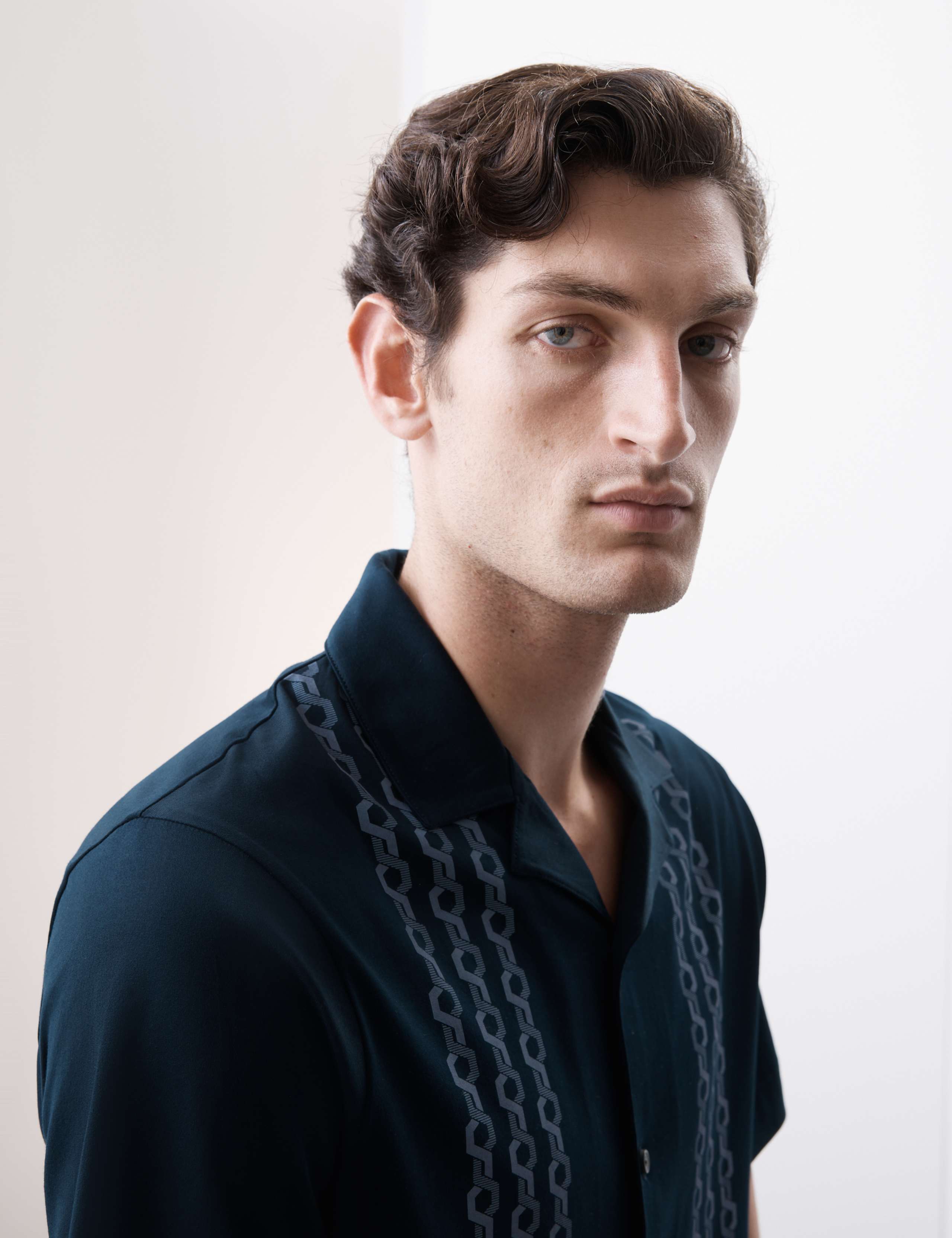 Pure Cotton Chain Print Revere Polo Shirt - Dark Navy