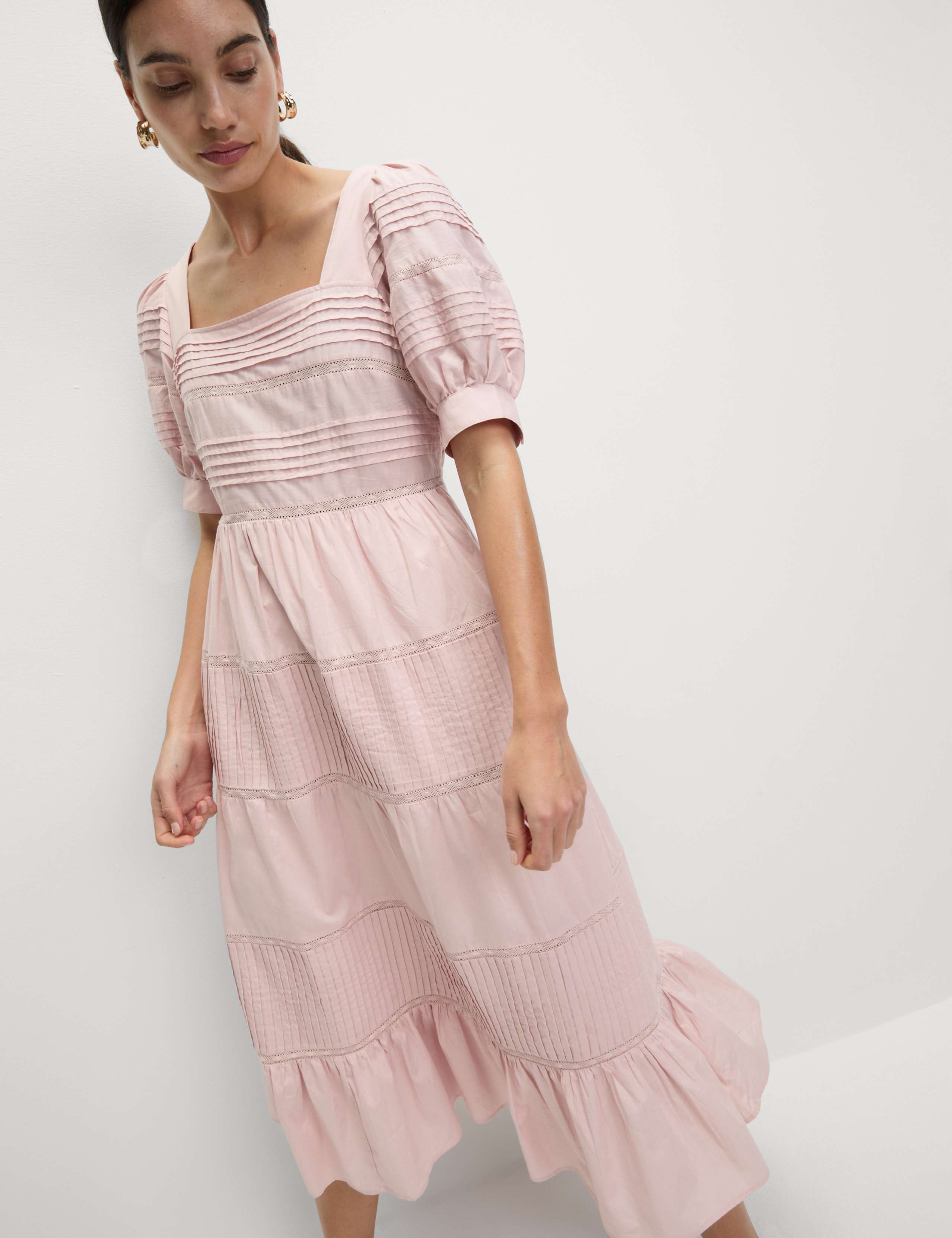 Pure Cotton Pintuck Midi Tiered Dress
