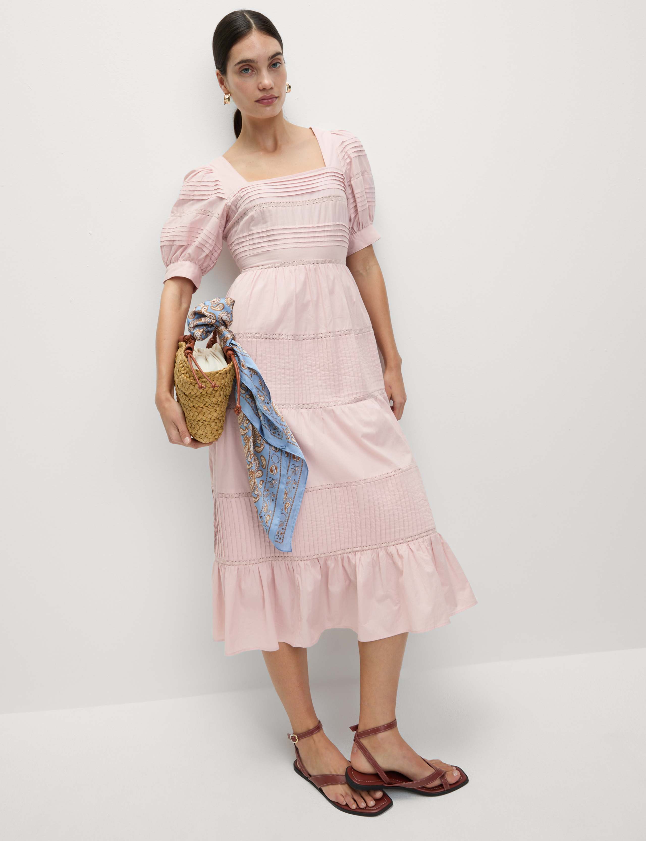 Pure Cotton Pintuck Midi Tiered Dress