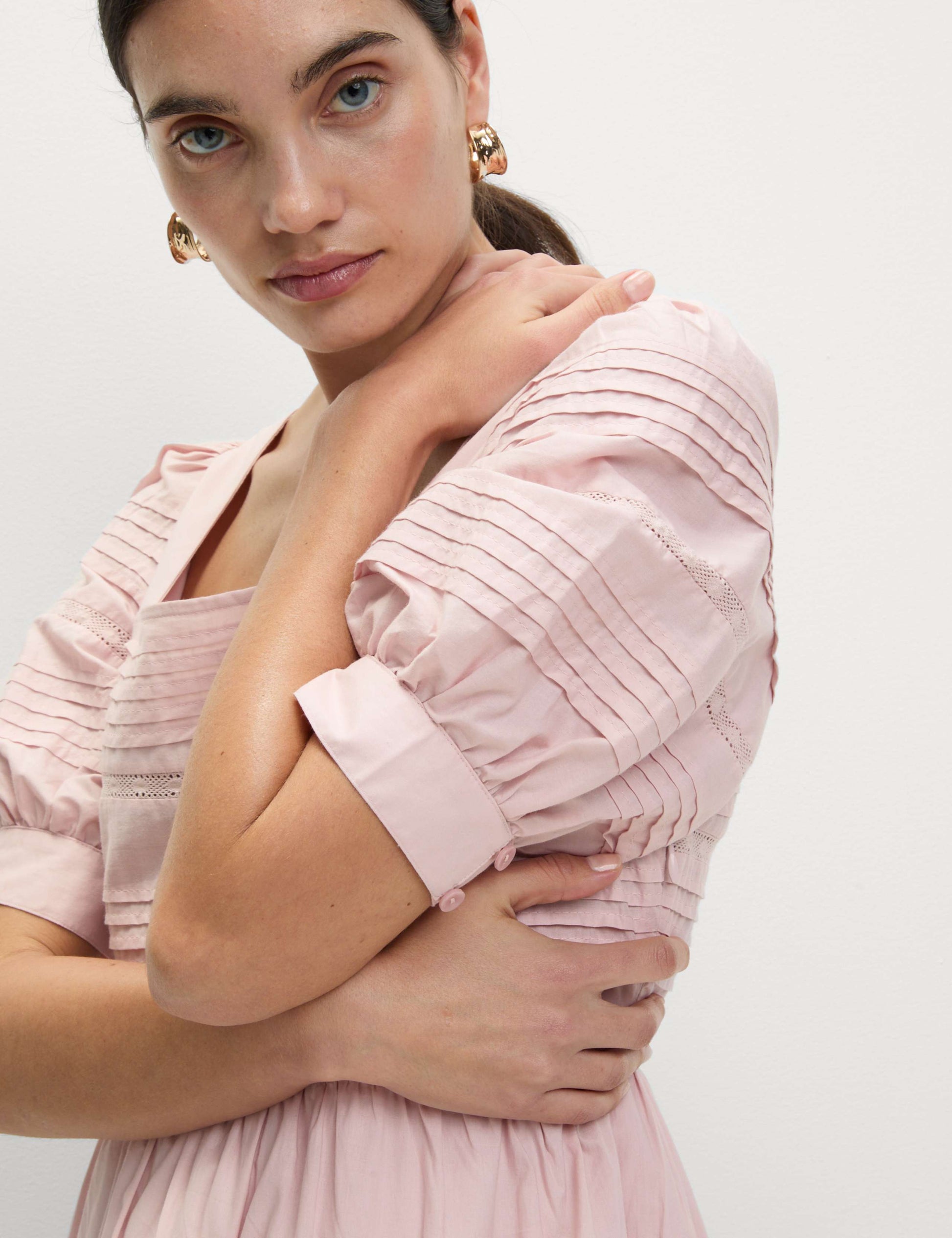 Pure Cotton Pintuck Midi Tiered Dress