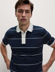Pure Cotton Pique Striped Polo Shirt - Dark Navy