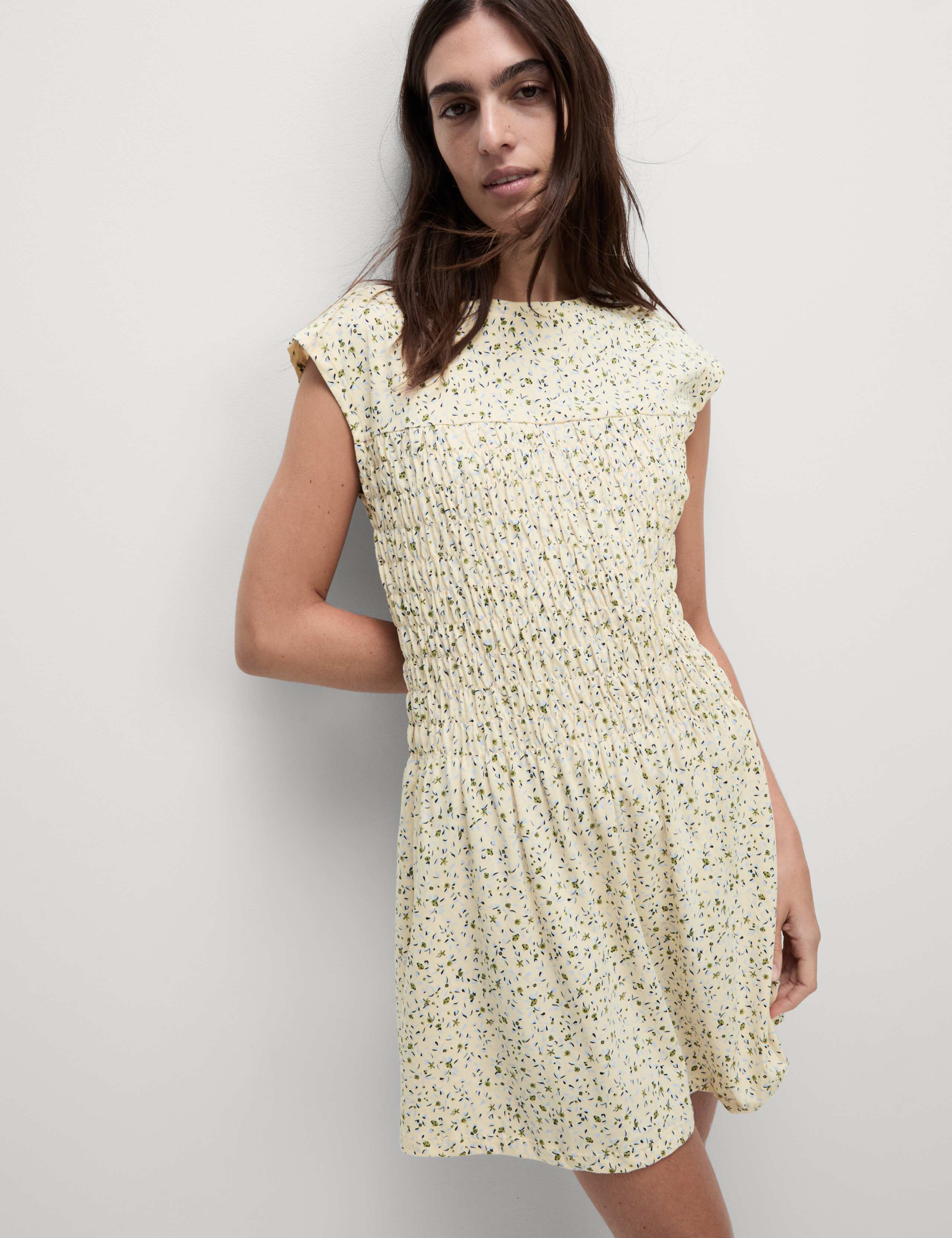 Pure Cotton Printed Mini Shirred Dress