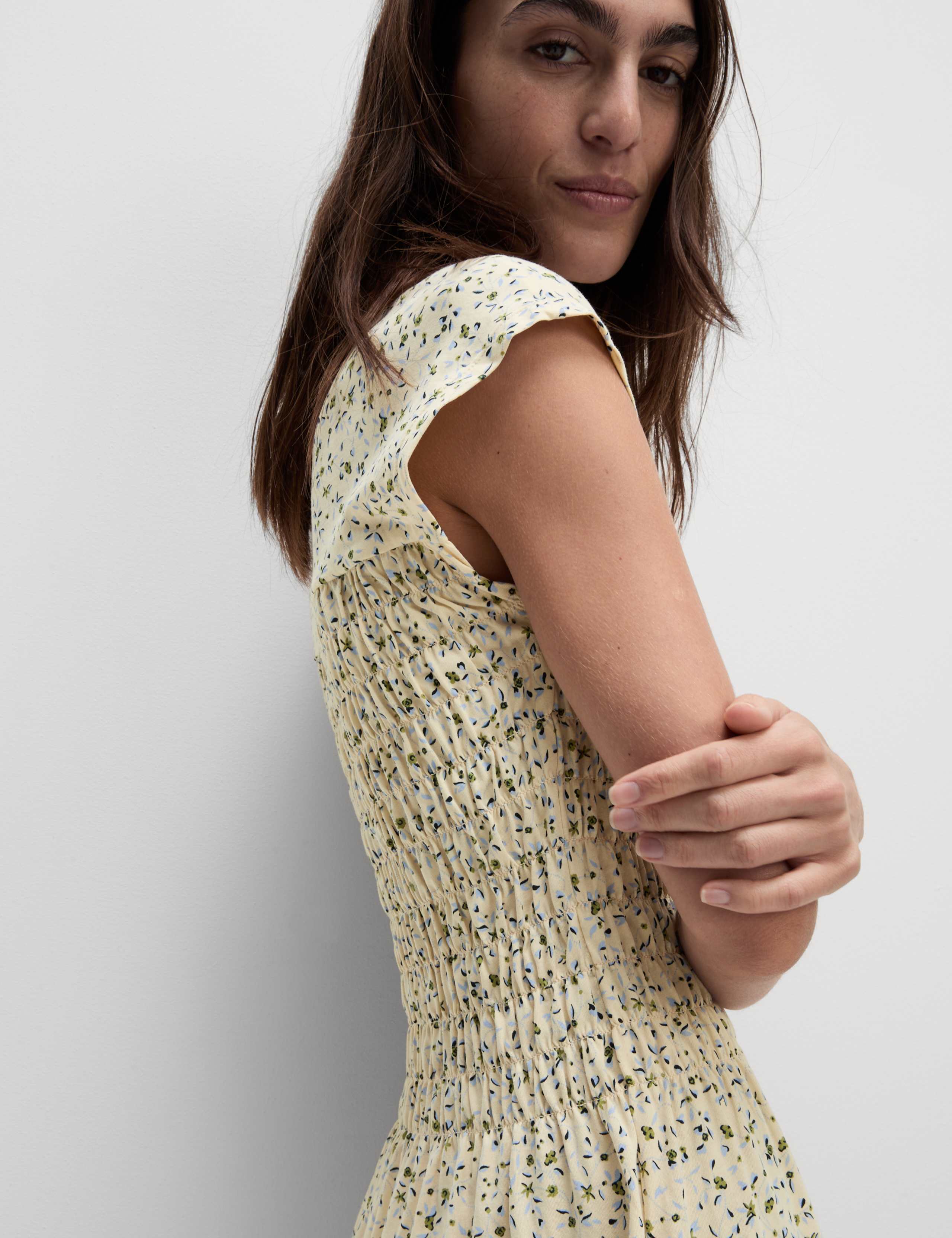 Pure Cotton Printed Mini Shirred Dress