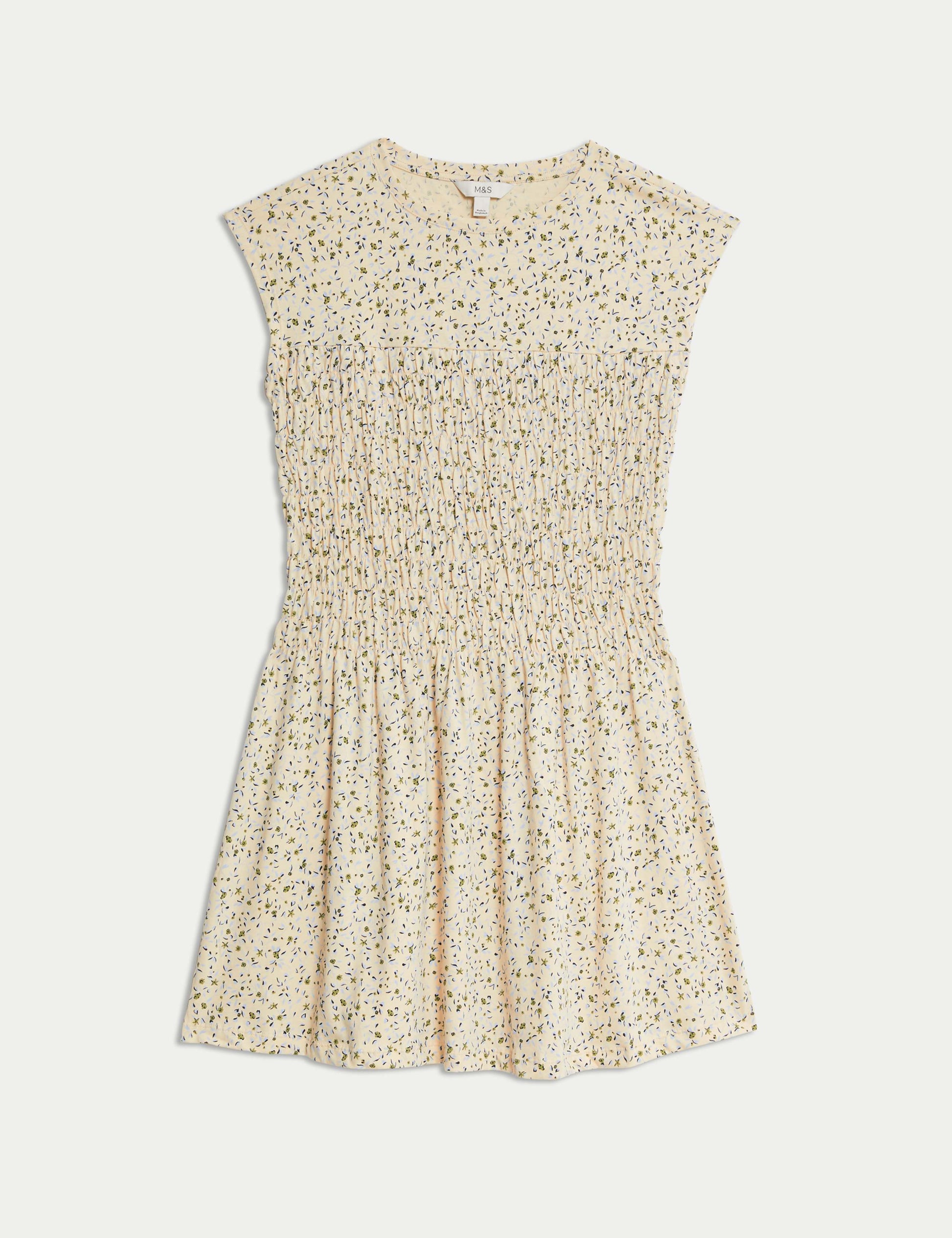 Pure Cotton Printed Mini Shirred Dress