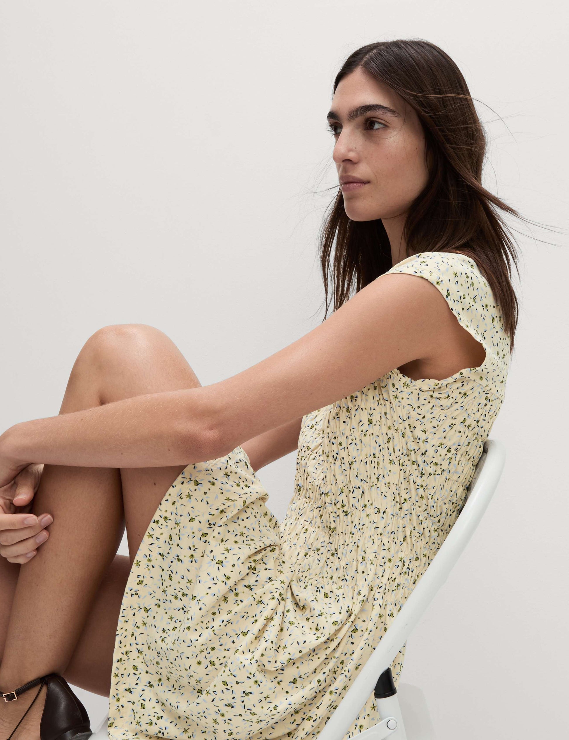 Pure Cotton Printed Mini Shirred Dress