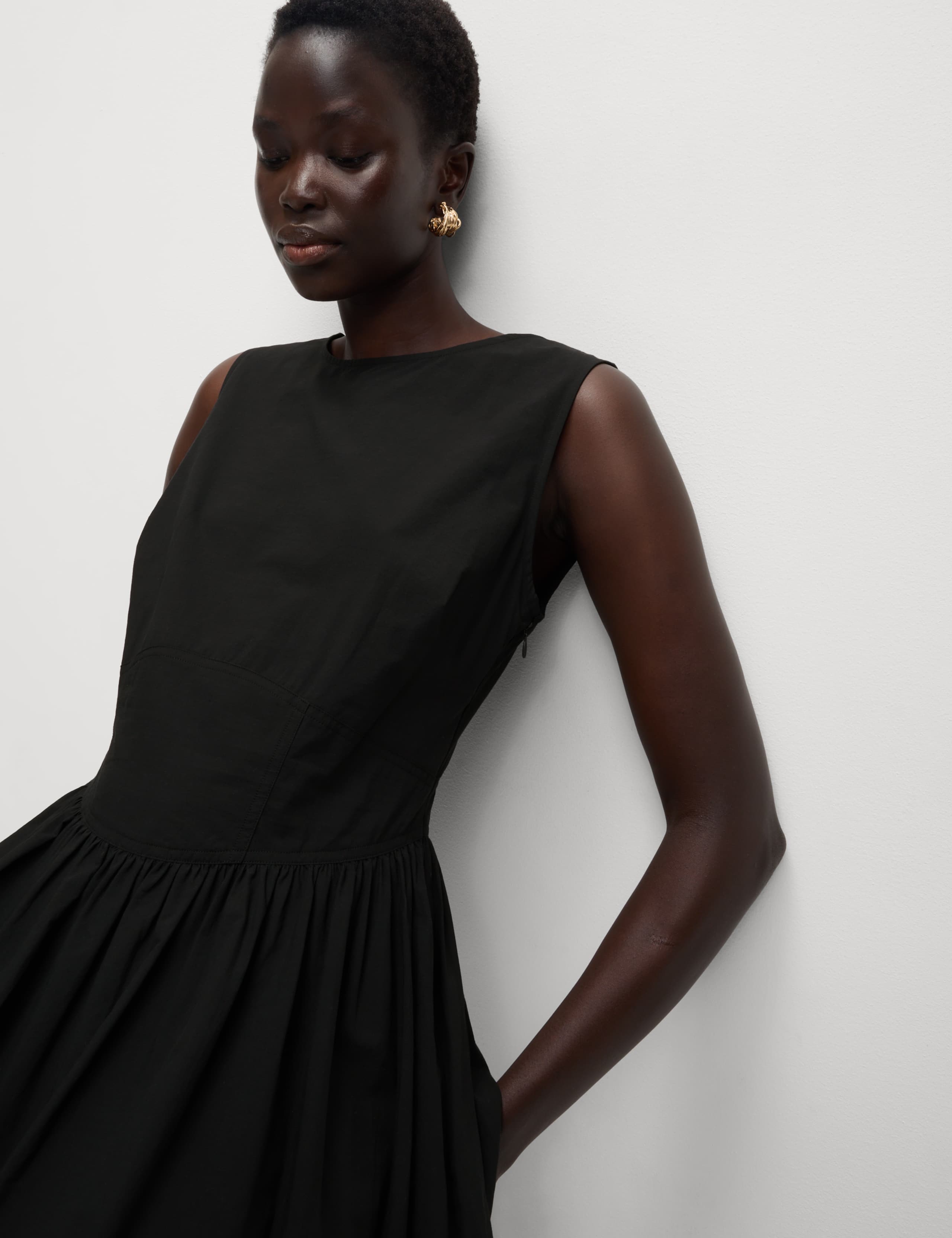 Pure Cotton Round Neck Midi Waisted Dress