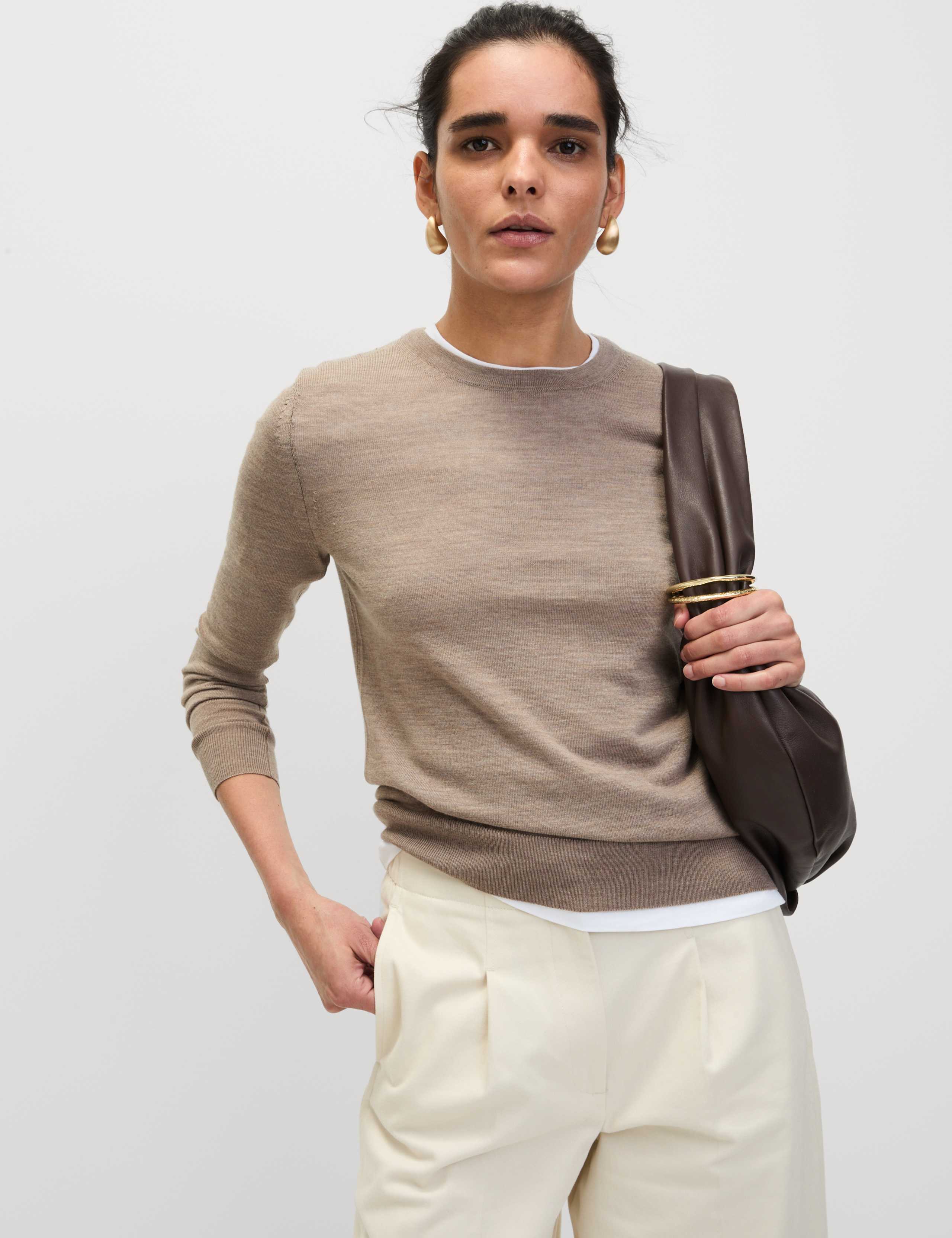 M&S Pure Merino Wool Crew Neck Jumper - Cappuccino