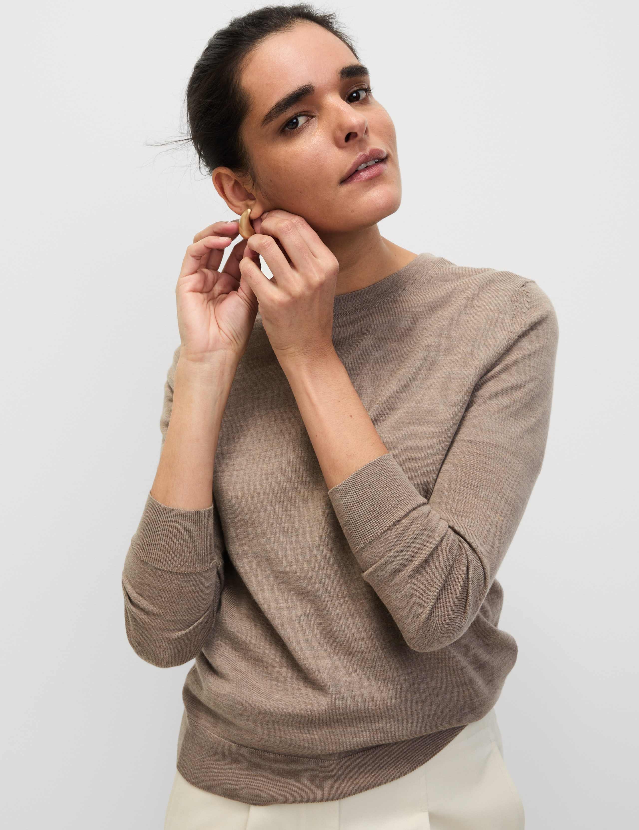 M&S Pure Merino Wool Crew Neck Jumper - Cappuccino