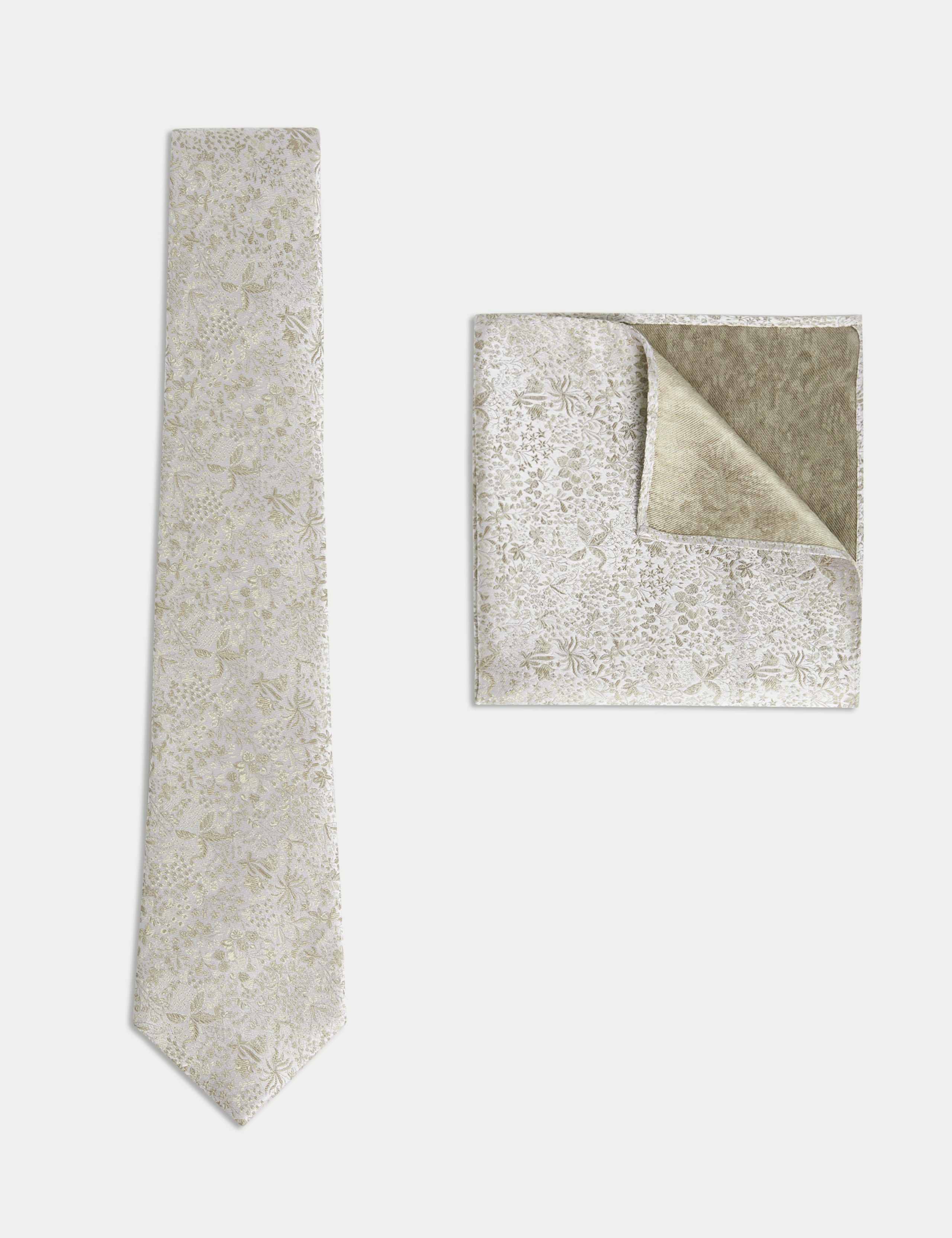 Pure Silk Jacquard Tie & Pocket Square Set - Champagne