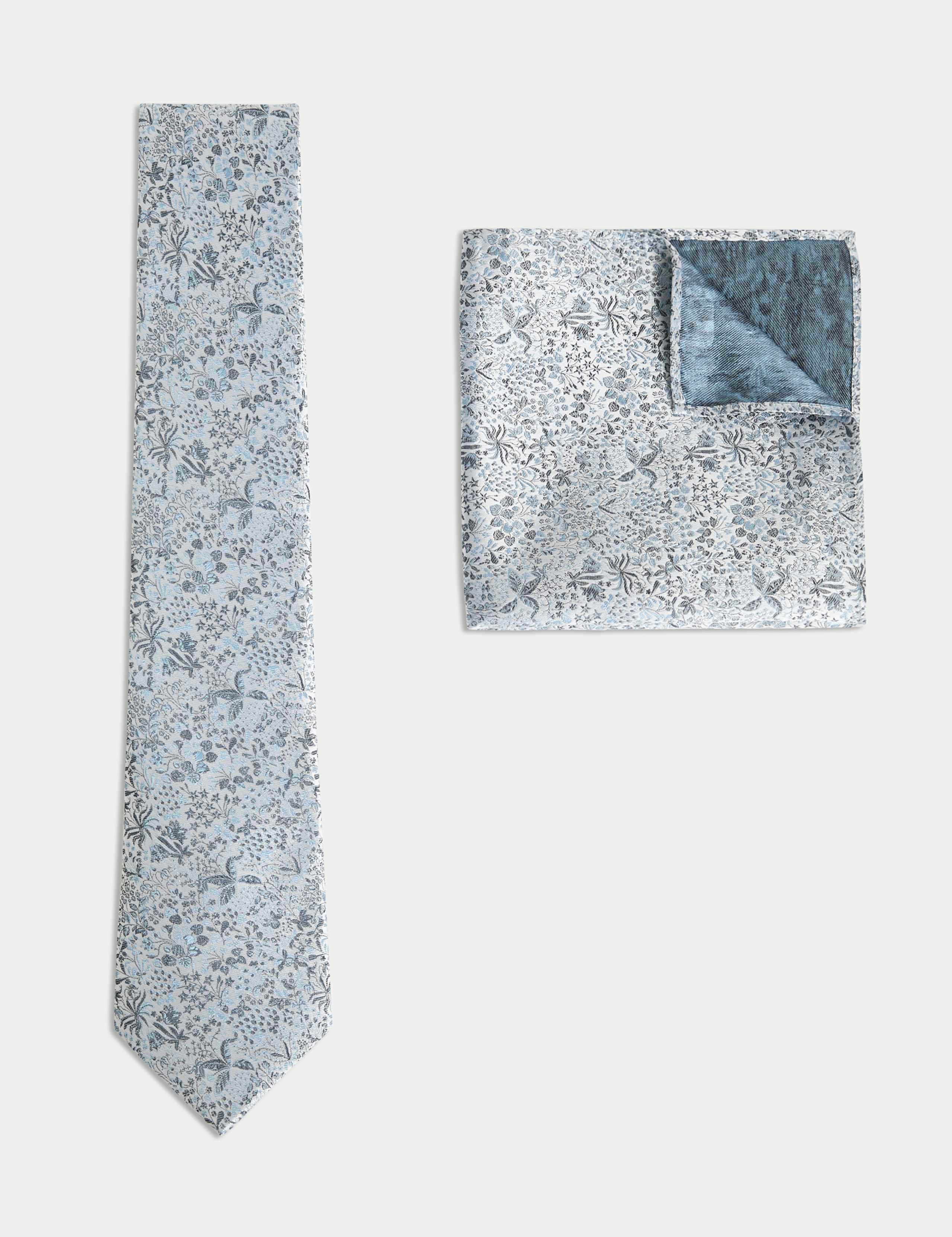 Pure Silk Jacquard Tie & Pocket Square Set - Blue