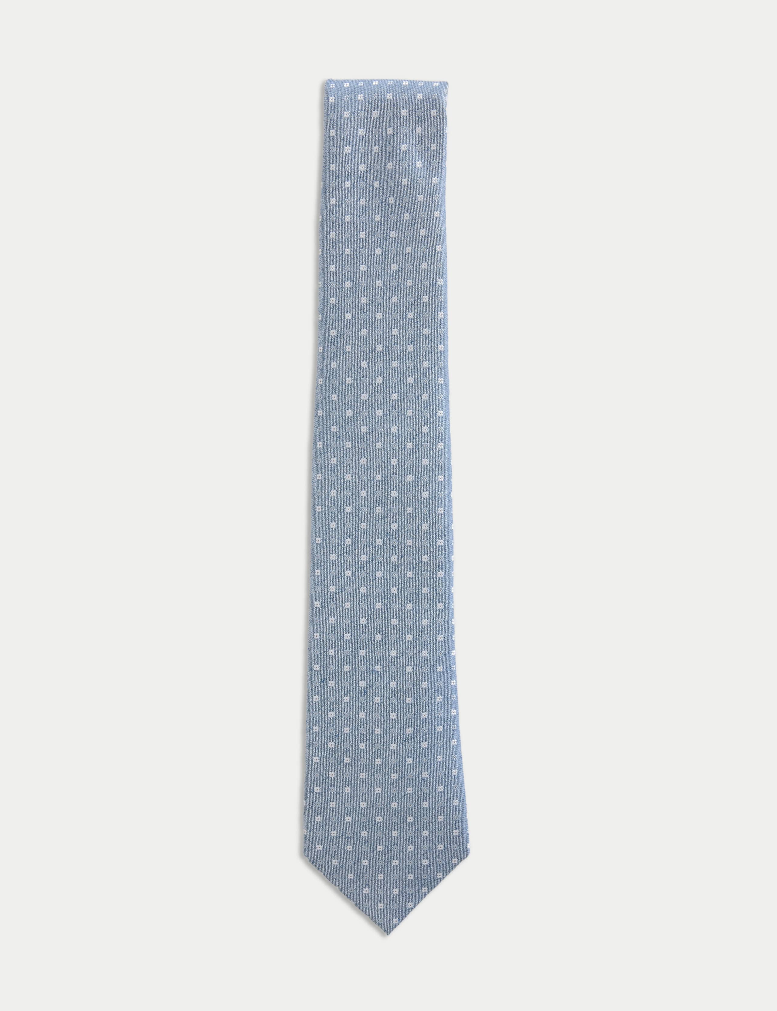 Silk Rich Geometric Tie with Linen - Mid Blue