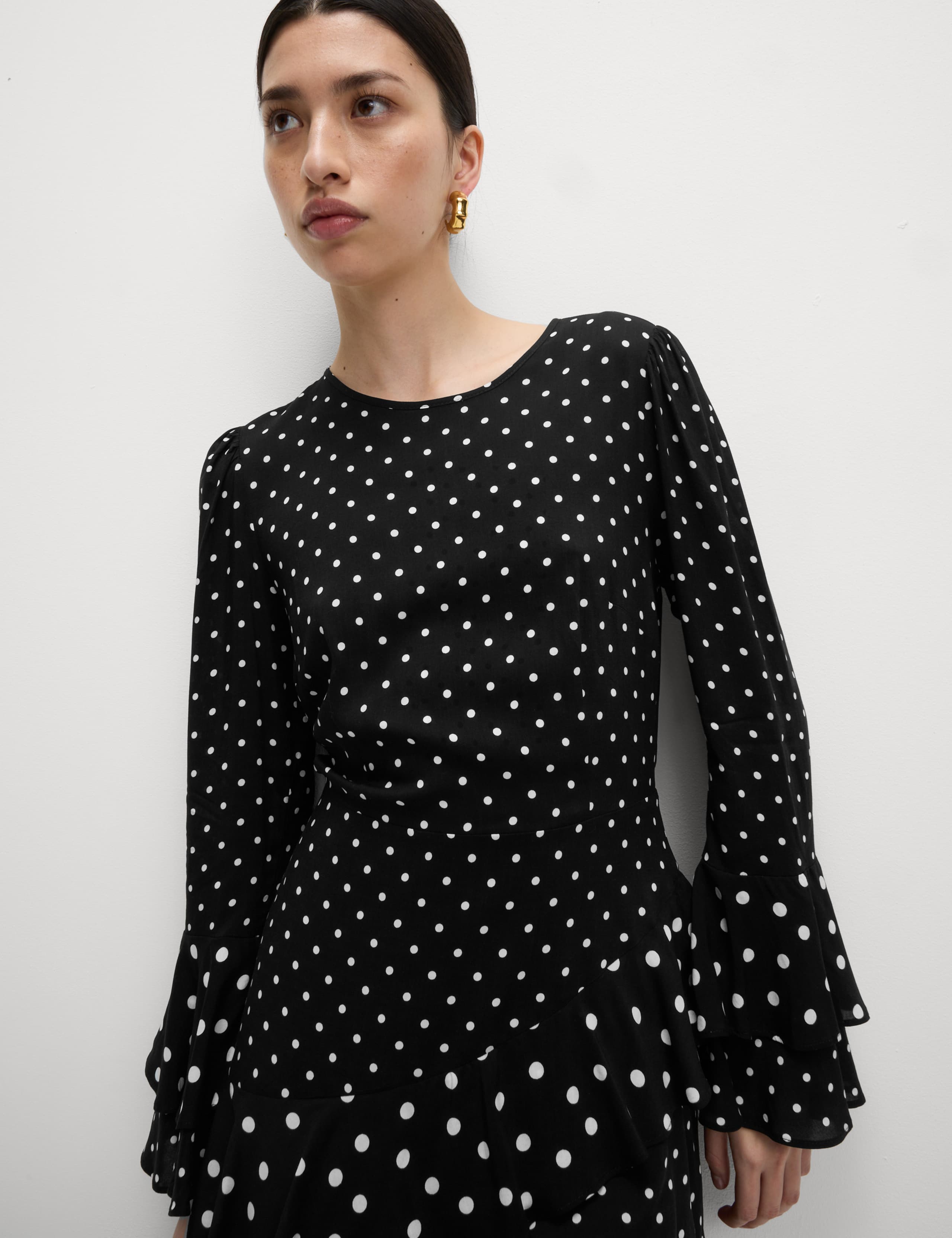 Spot Print Ruffle Mini Skater Dress