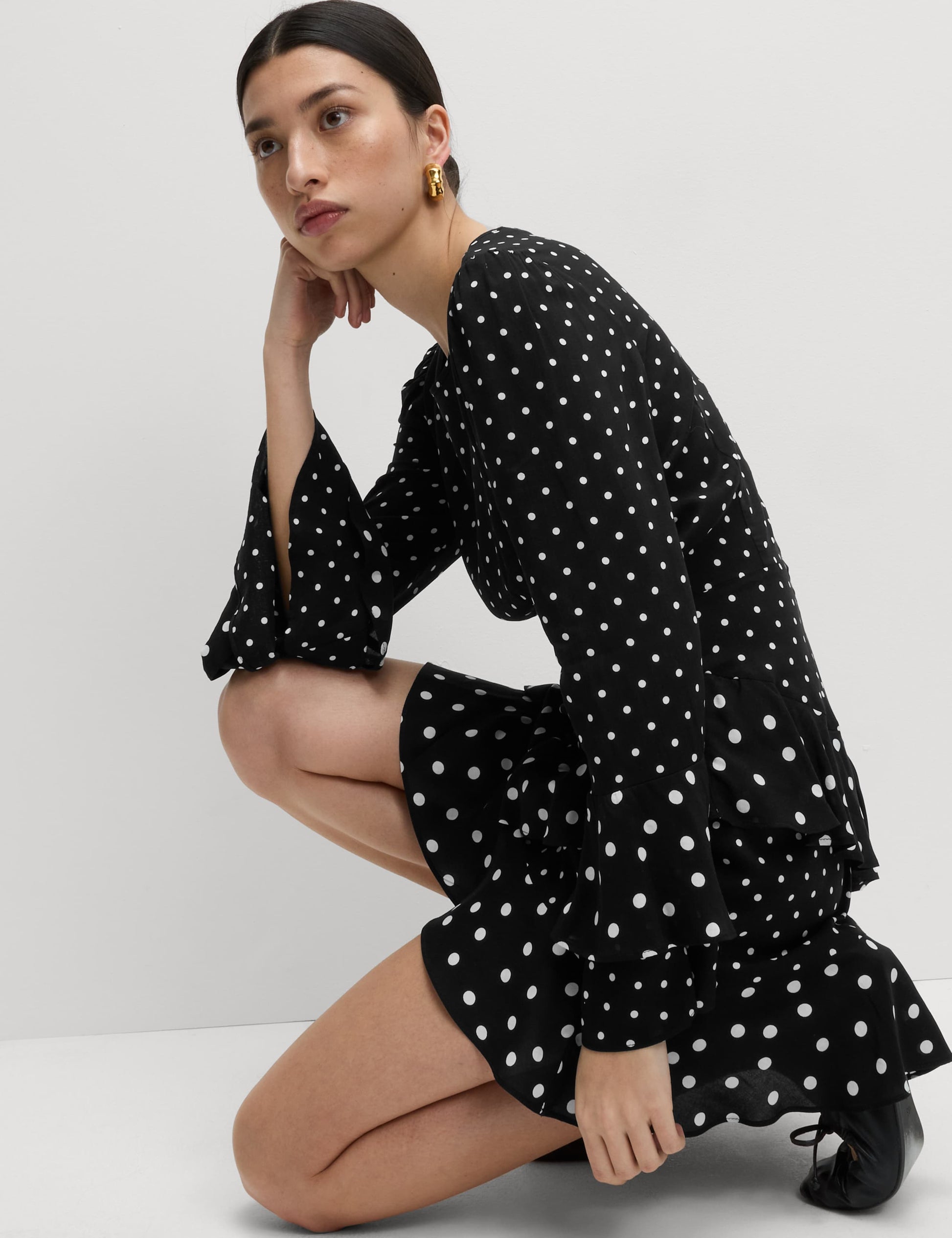 Spot Print Ruffle Mini Skater Dress
