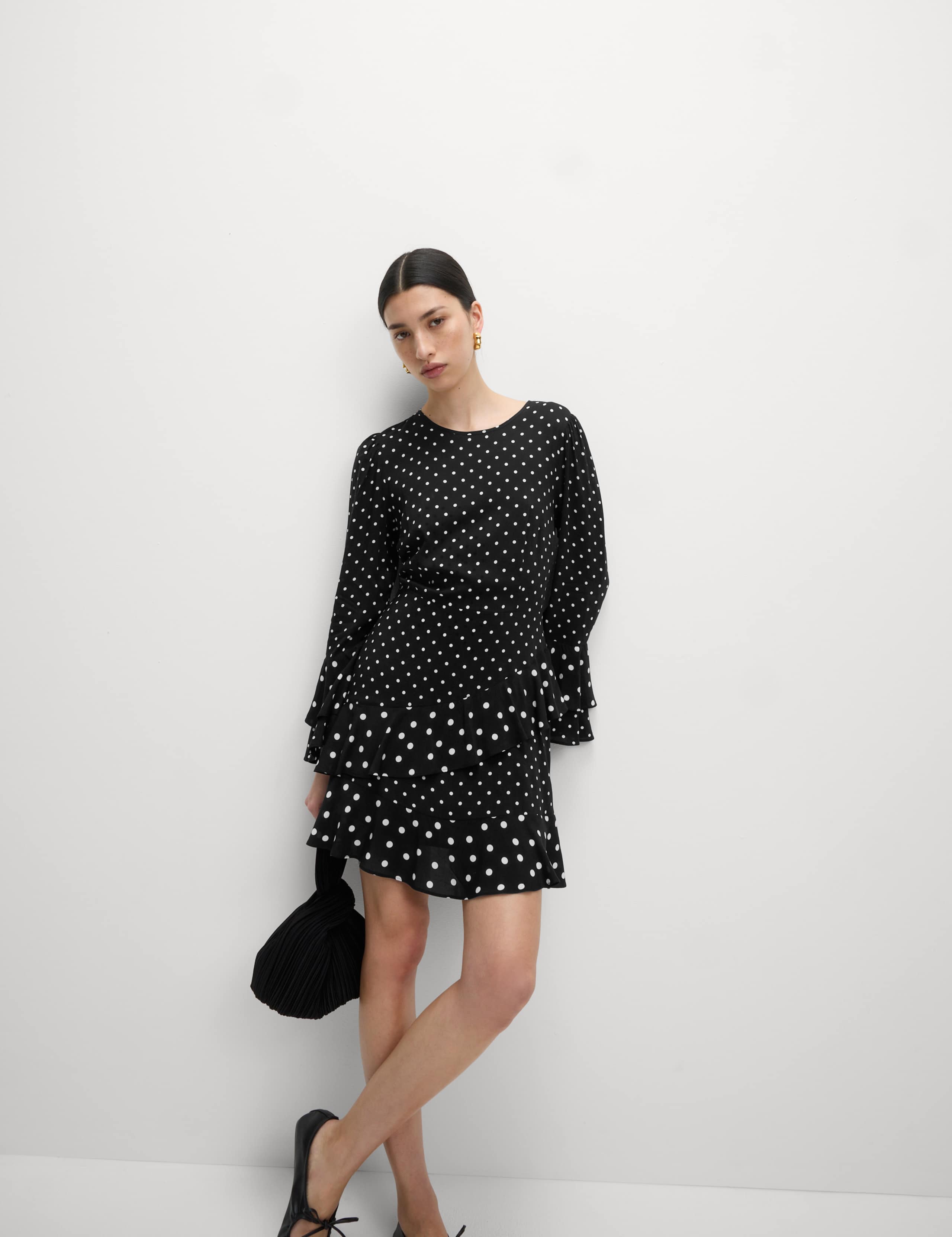 Spot Print Ruffle Mini Skater Dress