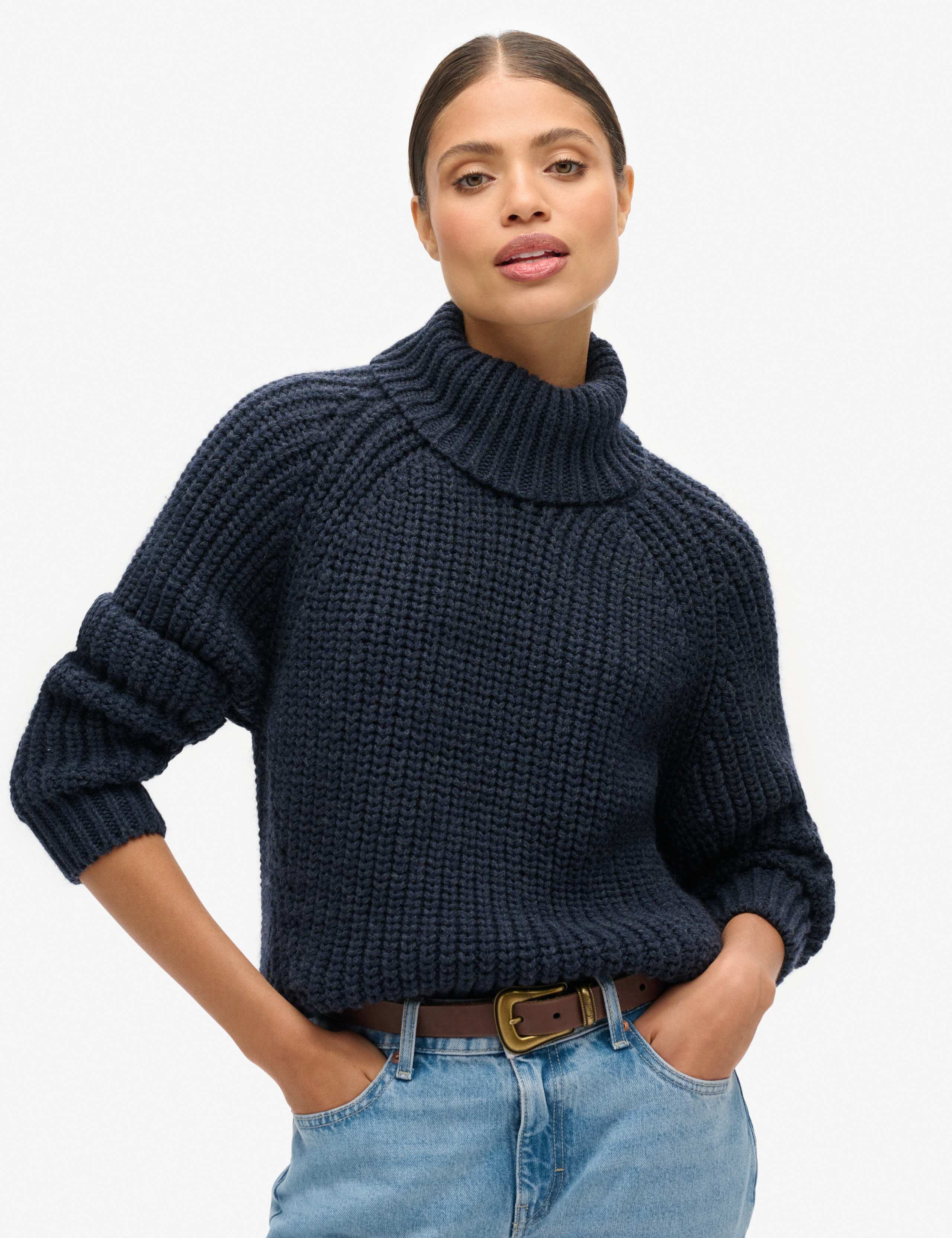 M&S Textured Roll Neck Relaxed Jumper with Wool - Navy