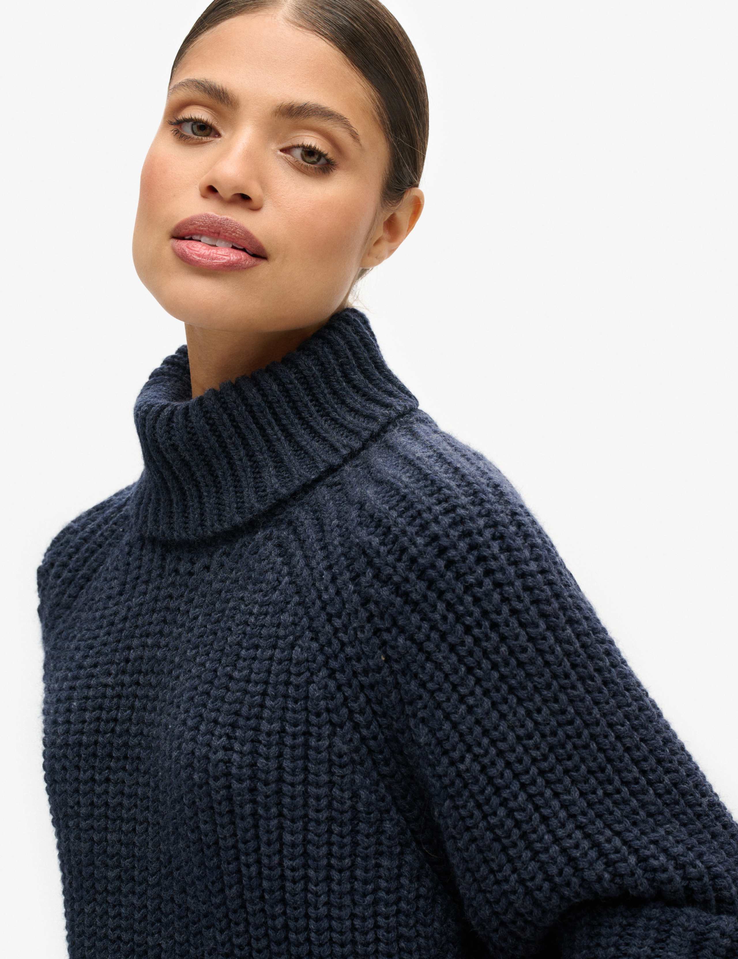 M&S Textured Roll Neck Relaxed Jumper with Wool - Navy