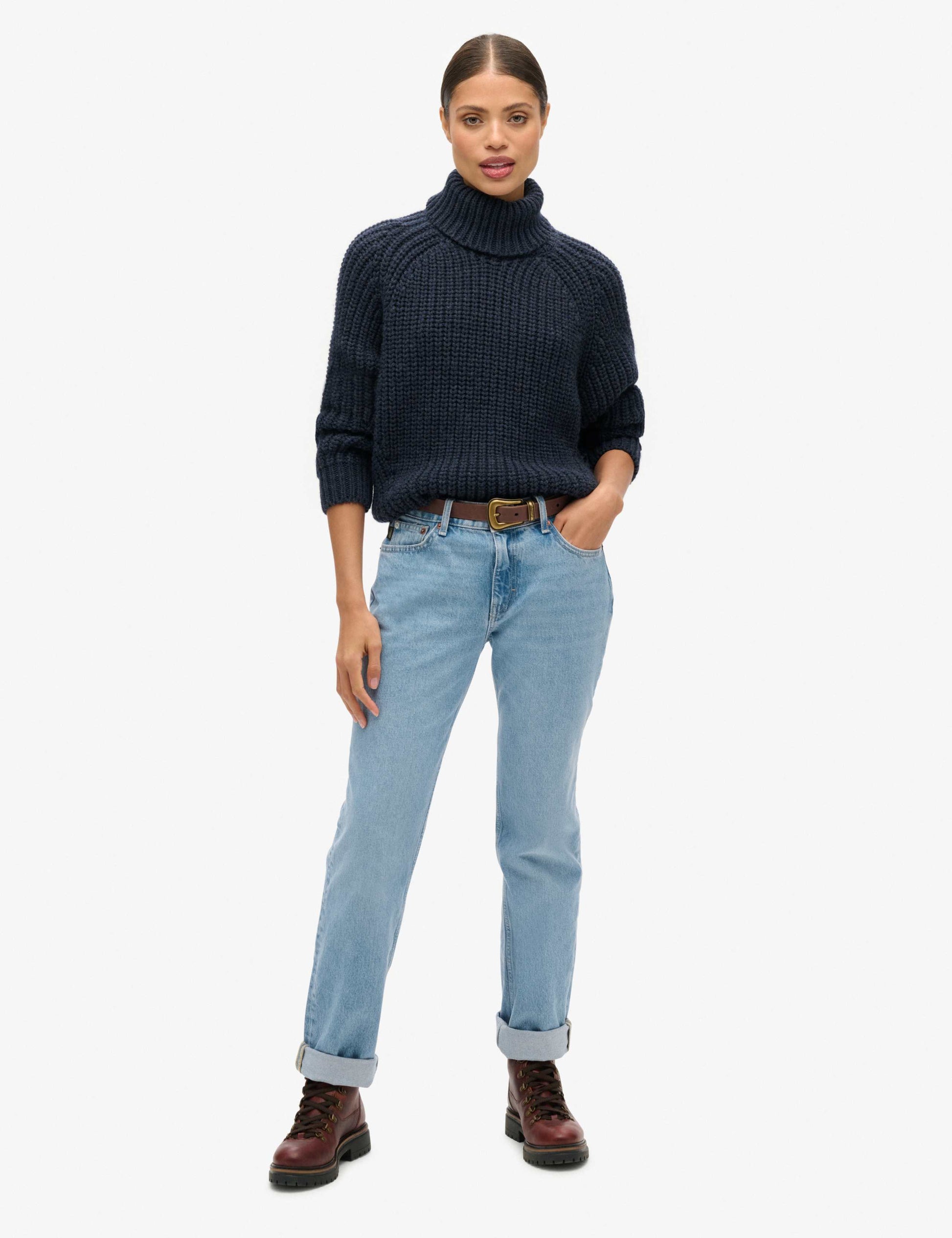 M&S Textured Roll Neck Relaxed Jumper with Wool - Navy