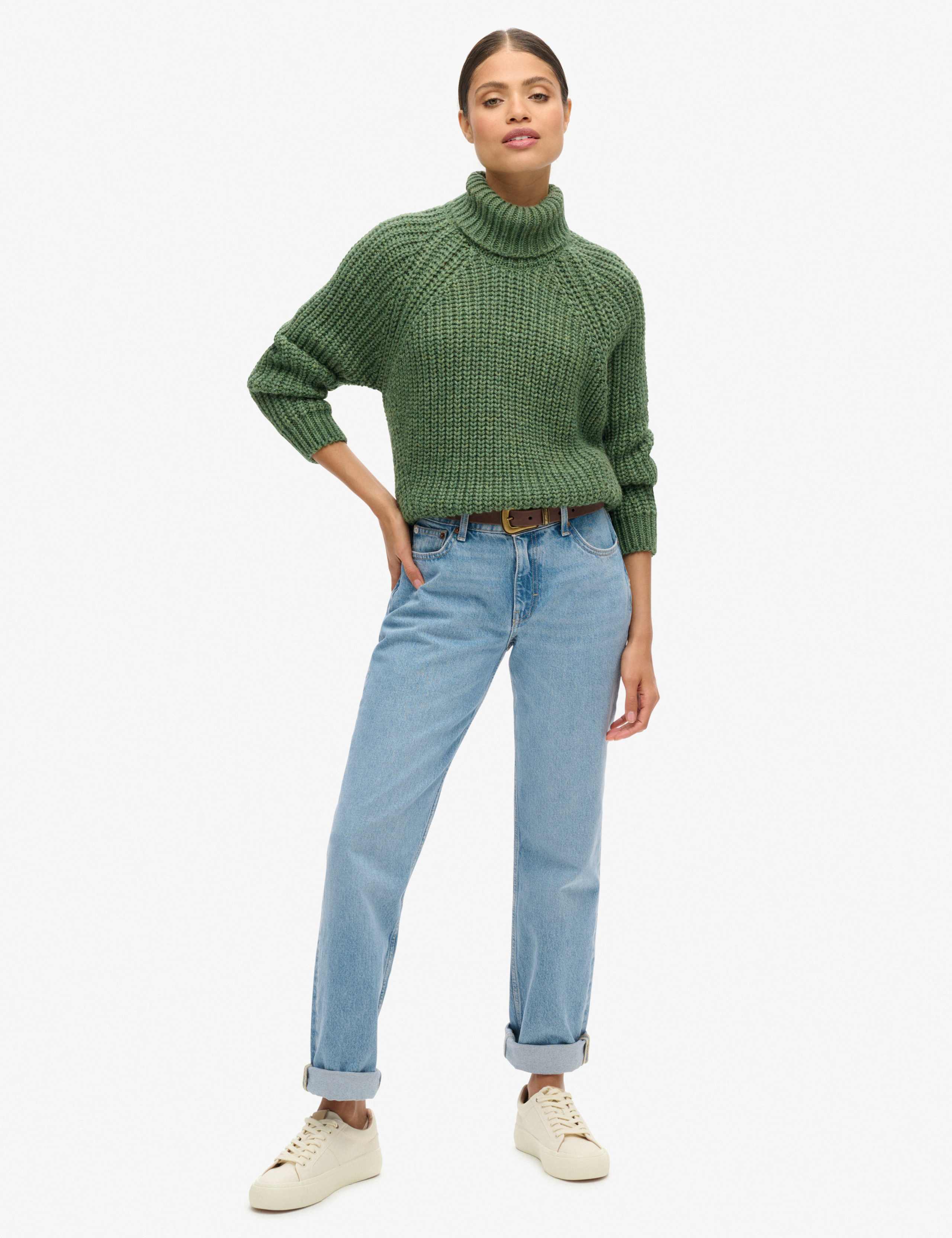 M&S Textured Roll Neck Relaxed Jumper with Wool - Green