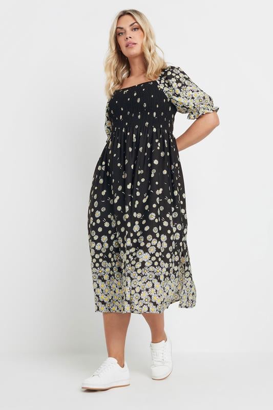 YOURS Curve Black Daisy Print Shirred Midi Dress