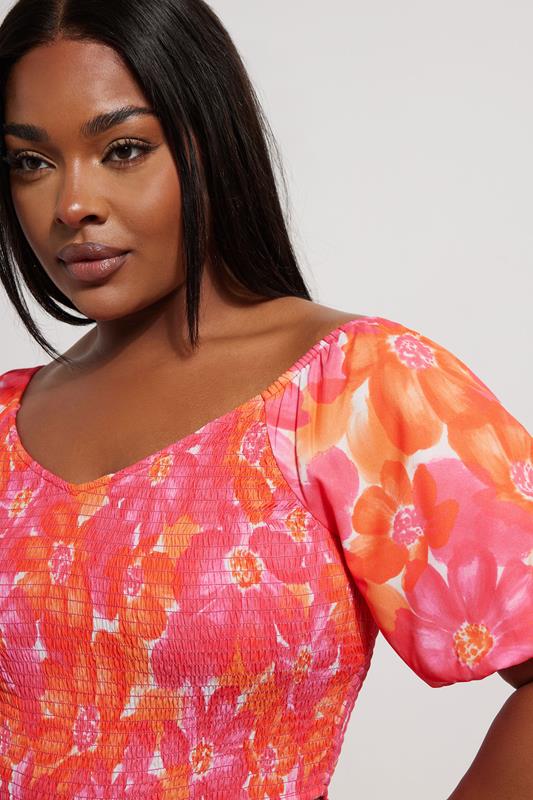 YOURS Curve Pink Floral Shirred Puff Sleeve Crop Top