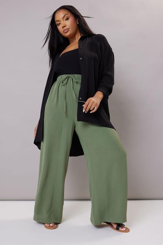 YOURS Curve Khaki Green Twill Wide Leg Trousers