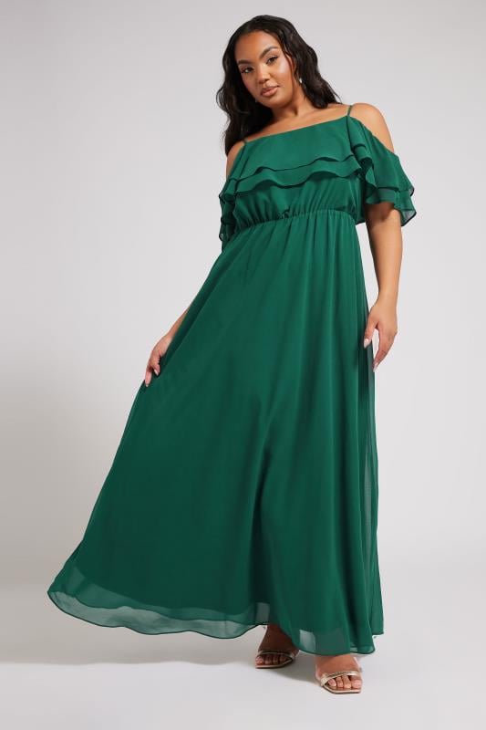 YOURS LONDON Curve Forest Green Frill Cold Shoulder Maxi Dress