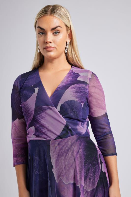 YOURS LONDON Curve Purple Abstract Print Hanky Hem Mesh Dress