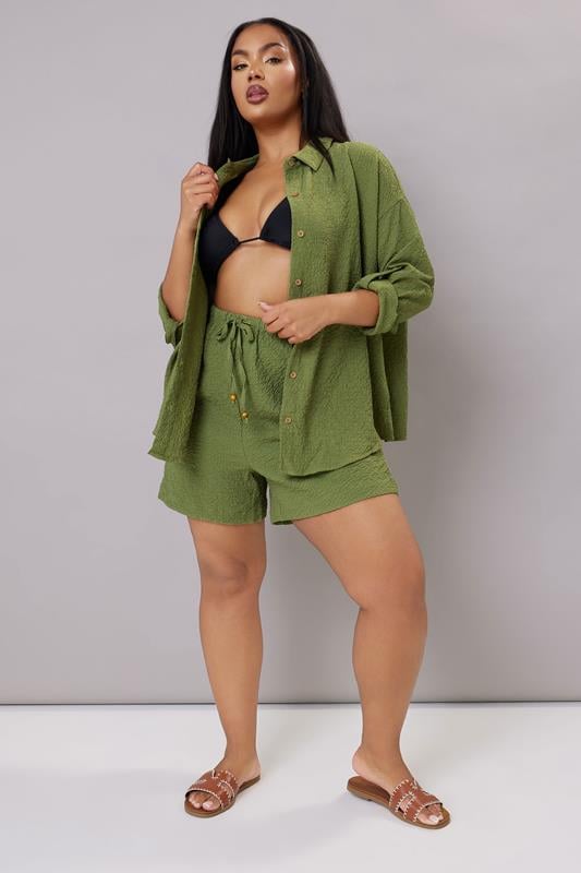 YOURS Curve Khaki Green Textured Long Sleeve Shirt