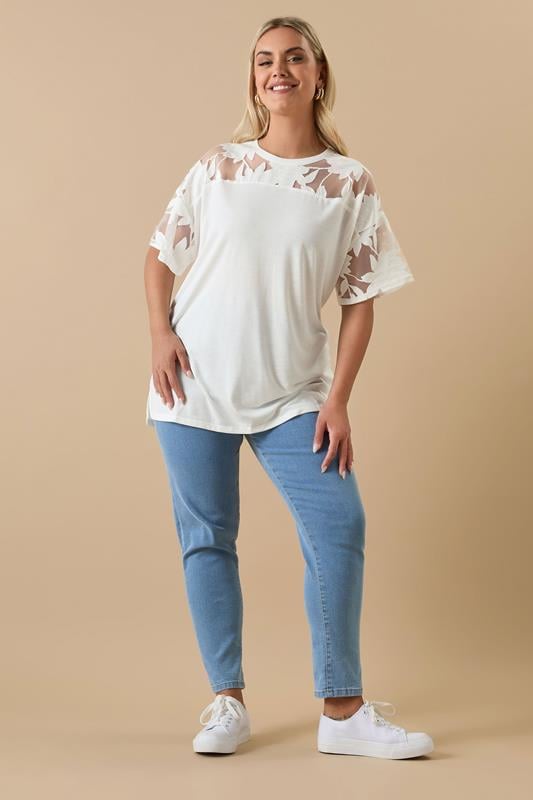 YOURS Curve White Floral Burnout Boxy T-Shirt