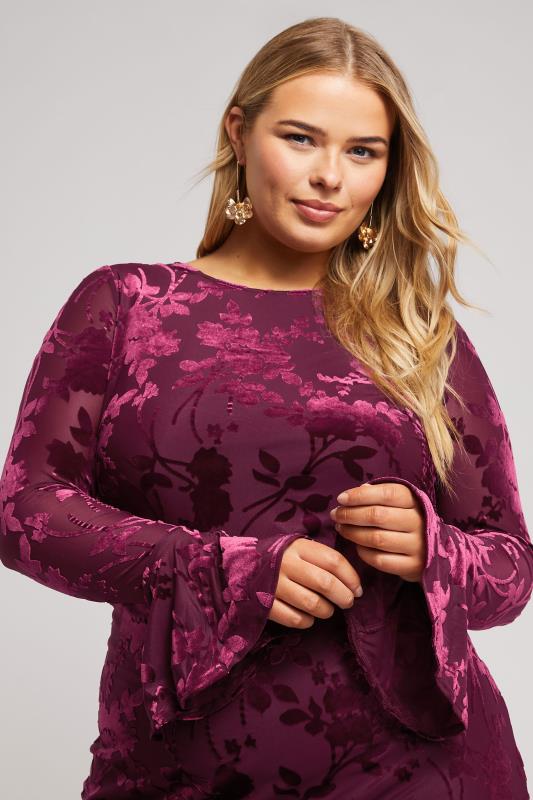 YOURS LONDON Curve Burgundy Red Velour Floral Dress