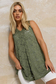 YOURS Curve Khaki Green Broderie Anglaise Pleat Front Vest Top