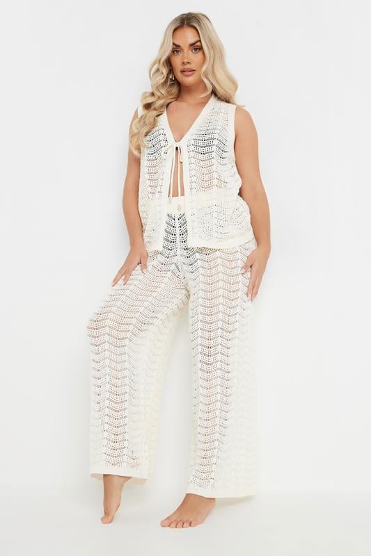 YOURS Curve Ivory White Crochet Knit Waistcoat