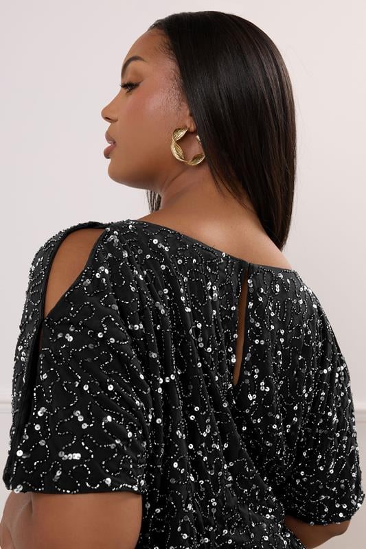 LUXE Curve Black Sequin Hand Embellished Cold Shoulder Cape Dress