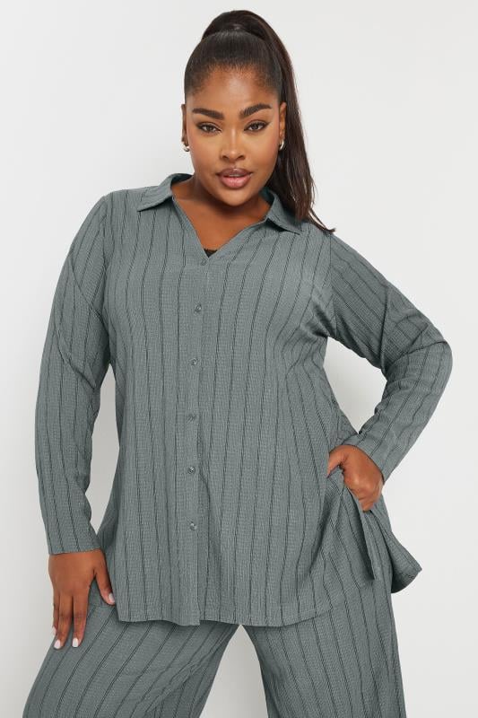 YOURS Curve Grey Textured Pinstripe Shirt