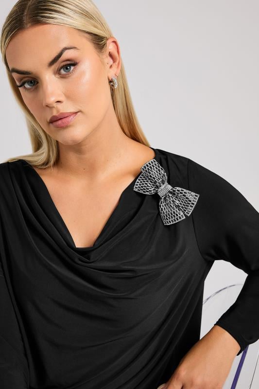 YOURS LONDON Curve Black Diamante Bow Detail Cowl Neck Top