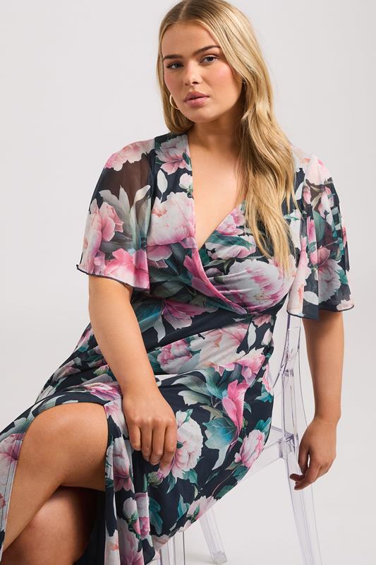 YOURS LONDON Curve Navy Blue Floral Print Wrap Maxi Dress