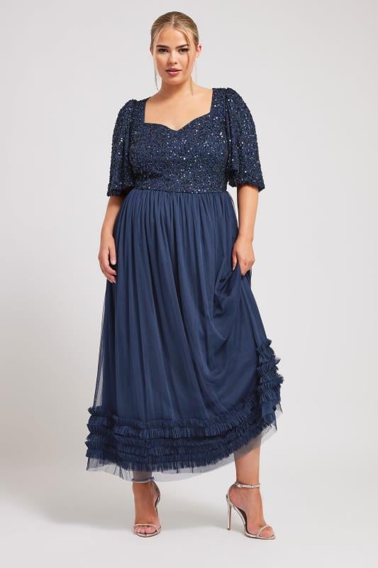 LUXE Curve Navy Blue Sequin Sweetheart Ruffle Maxi Dress