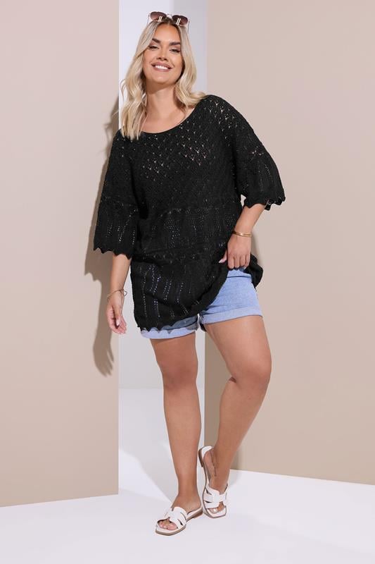 YOURS Curve Black Crochet Tunic Top