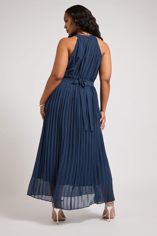 YOURS LONDON Curve Navy Blue Corsage Detail Pleated Maxi Dress