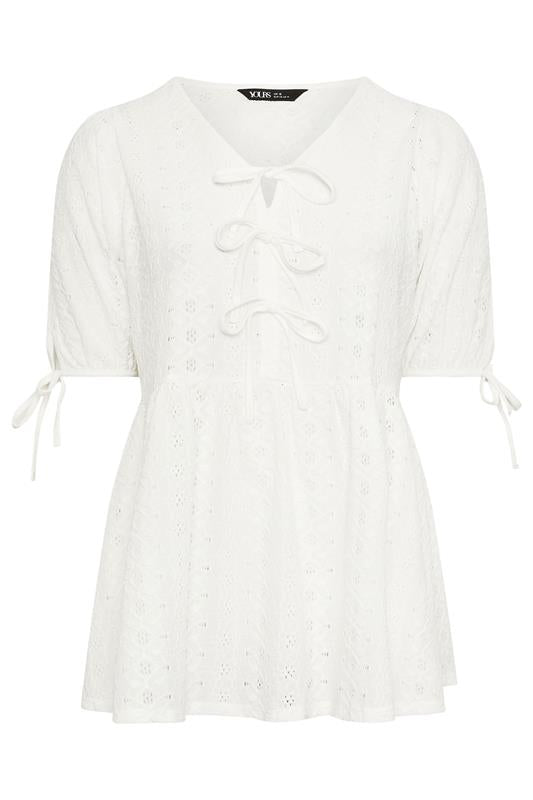 YOURS Curve White Broderie Anglaise Bow Tie Front Peplum Top