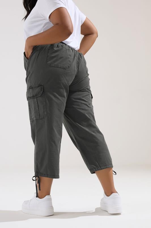YOURS Curve Black Cotton Cropped Cargo Trousers