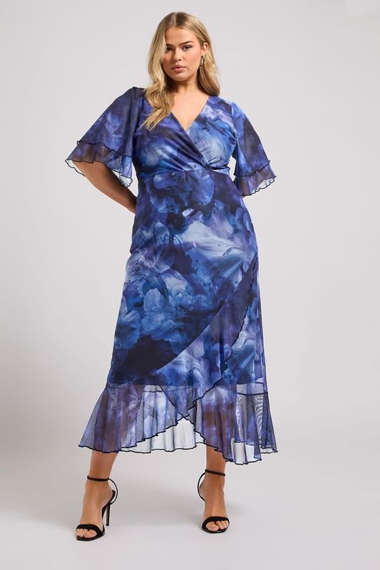 YOURS LONDON Curve Blue Blur Floral Print Wrap Dress