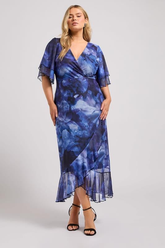 YOURS LONDON Curve Blue Blur Floral Print Wrap Dress
